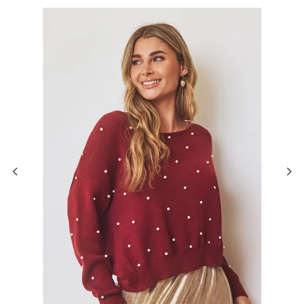 Cupshe Burgundy Sweater with Pearl Details - Picture 1 of 3